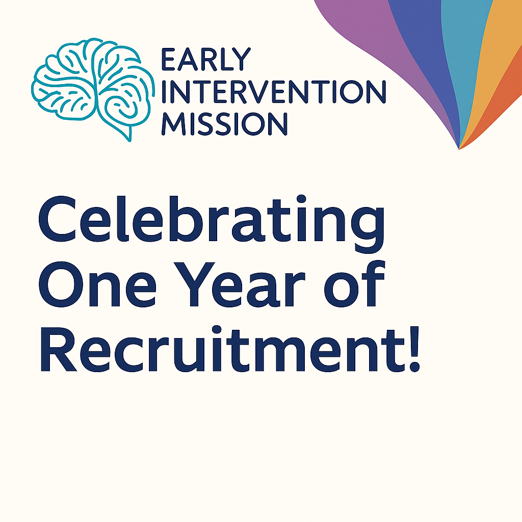 A square graphic featuring the Early Intervention Mission logo at the top left, showing a stylised teal brain outline with the words “EARLY INTERVENTION MISSION” in dark blue. Below, large dark blue text reads “Celebrating One Year of Recruitment!” The top right corner includes a colourful curved design with shades of purple, blue, teal, orange, and red on a light cream background.
