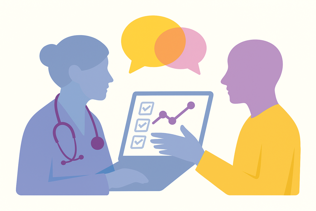 A minimalist illustration showing two human figures sitting together, one wearing a stethoscope and the other reaching toward a laptop displaying simple icons, checkmarks, and a rising chart. Overlapping speech‑bubble shapes float above them, conveying dialogue and shared decision‑making. The colour palette uses soft blues, purples, yellows, and pinks that echo the PsyMetRiC aesthetic.