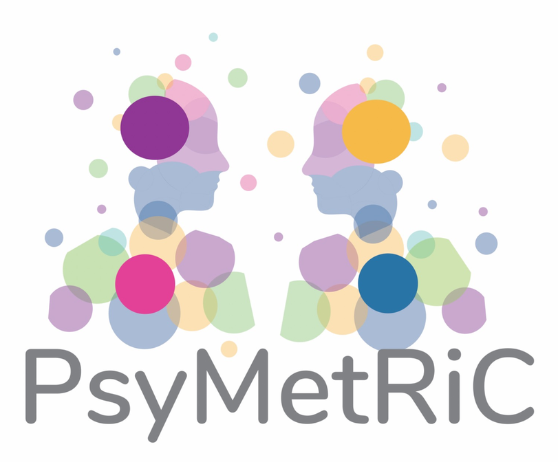 A stylised logo featuring two mirrored human profiles constructed from overlapping translucent geometric shapes in pastel colours. Circular and polygonal shapes layer to form the head and upper body outlines, creating a calm, abstract representation of thought and connection. The word “PsyMetRiC” appears below in a rounded grey typeface.
